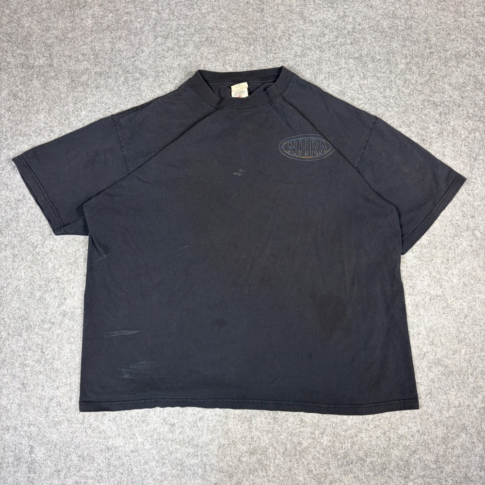 Vintage NHRA Drag Racing T-Shirt Anvil Black Graphic Tee XL Distressed Raglan
